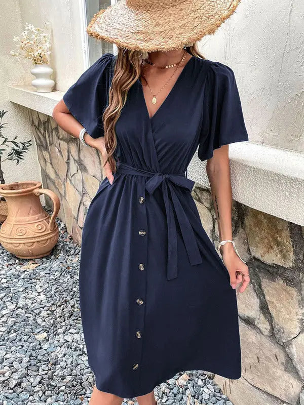 Mia's Woven V-Neck Short Sleeve Midi Dress kakaclo