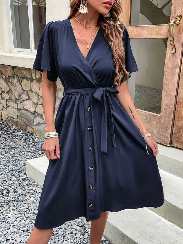 Mia's Woven V-Neck Short Sleeve Midi Dress kakaclo