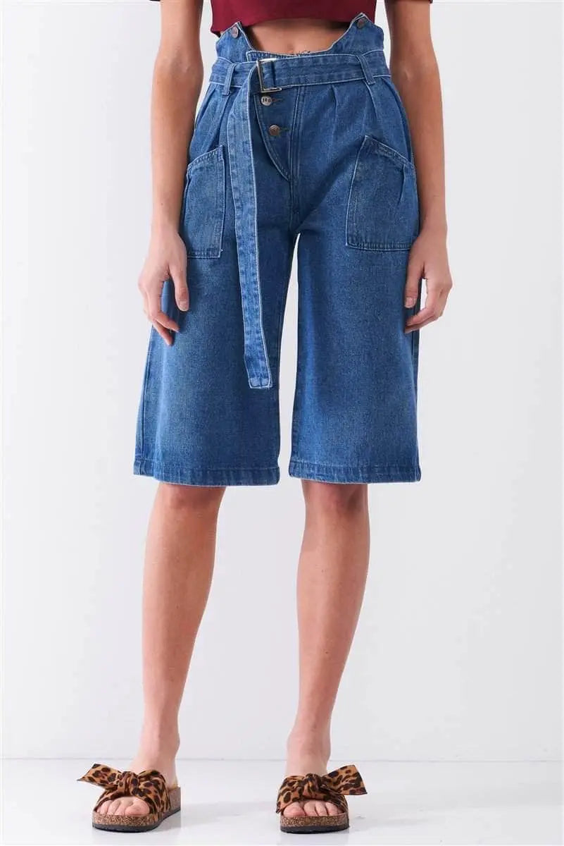 Mid Blue Denim Front Cut-out High-waist Buckle Self-tie Belt Detail Midi Flare Jean Pants Blue Zone Planet