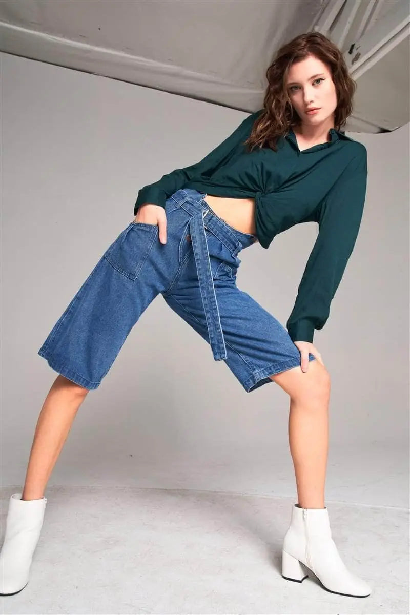 Mid Blue Denim Front Cut-out High-waist Buckle Self-tie Belt Detail Midi Flare Jean Pants Blue Zone Planet