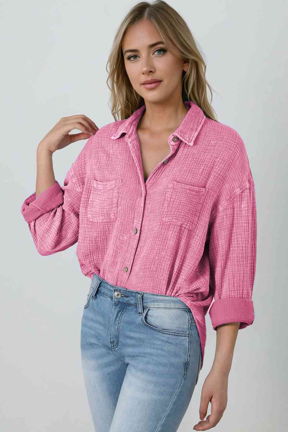 Pink Mineral Wash Crinkle Textured Chest Pockets Shirt