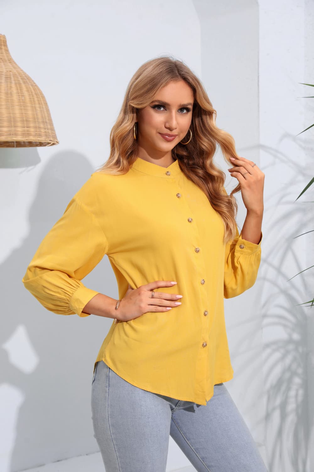 Mock Neck Buttoned Long Sleeve Shirt BLUE ZONE PLANET