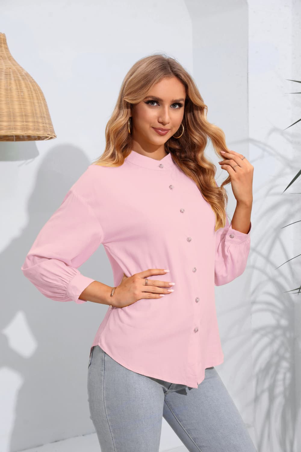 Mock Neck Buttoned Long Sleeve Shirt BLUE ZONE PLANET