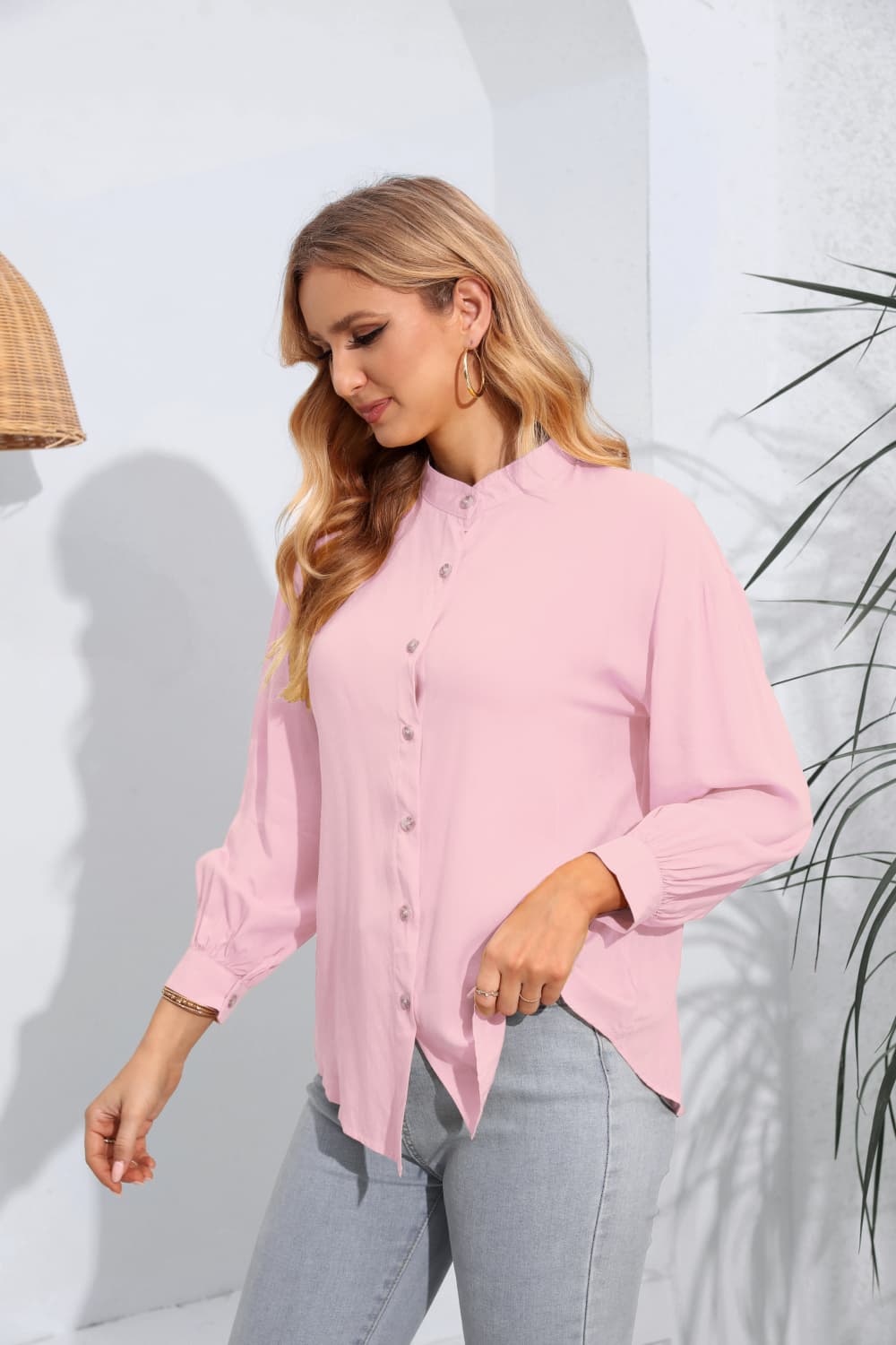 Mock Neck Buttoned Long Sleeve Shirt BLUE ZONE PLANET
