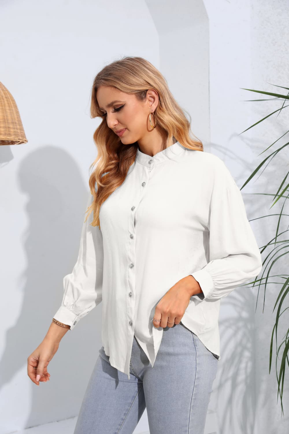 Mock Neck Buttoned Long Sleeve Shirt BLUE ZONE PLANET