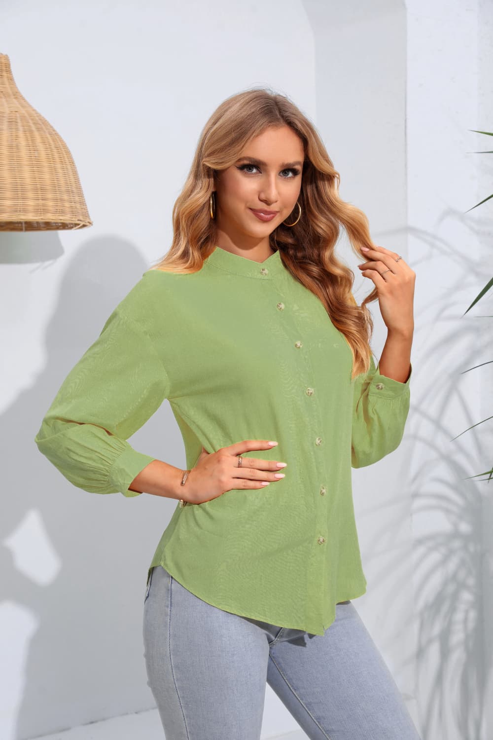 Mock Neck Buttoned Long Sleeve Shirt BLUE ZONE PLANET