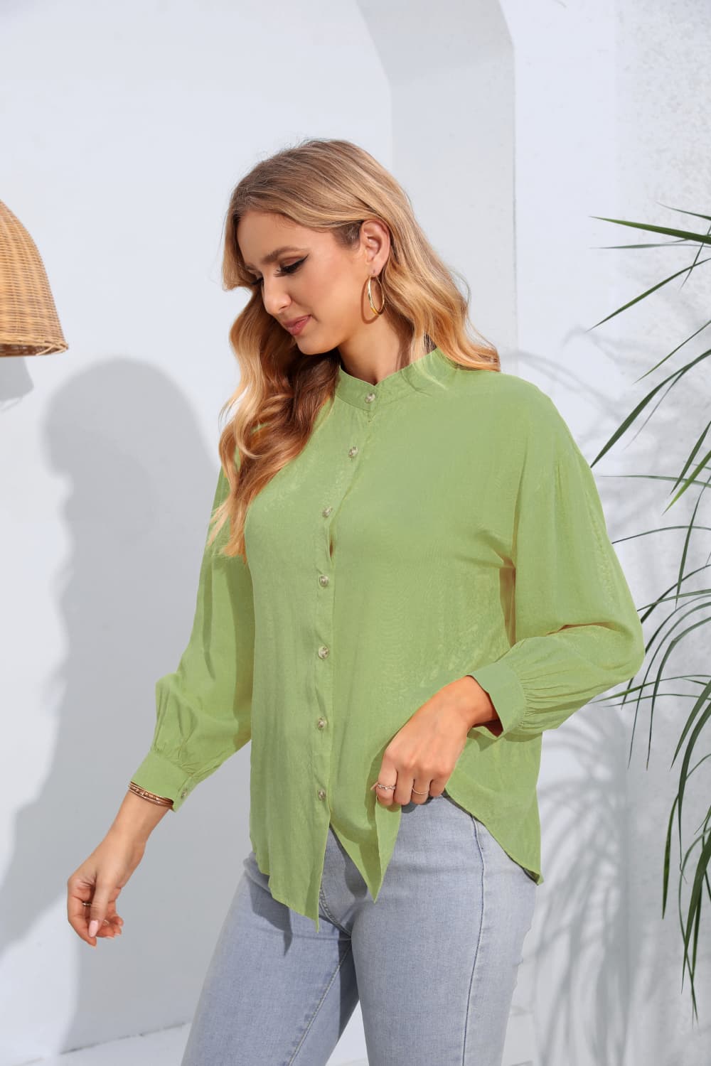 Mock Neck Buttoned Long Sleeve Shirt BLUE ZONE PLANET