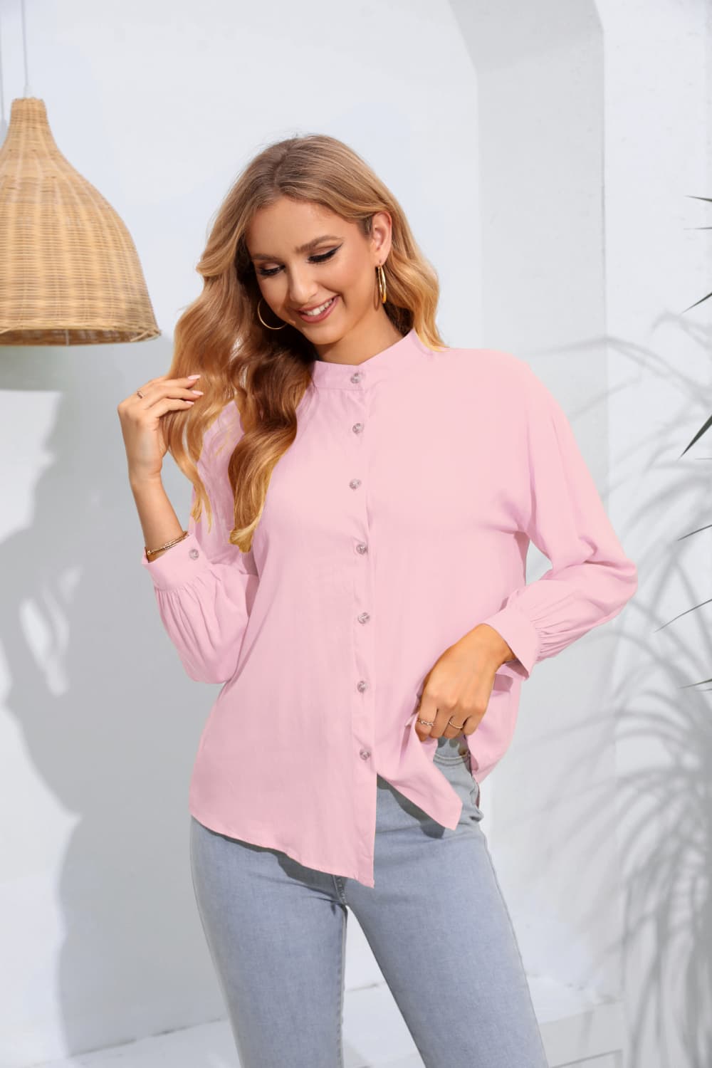 Mock Neck Buttoned Long Sleeve Shirt BLUE ZONE PLANET