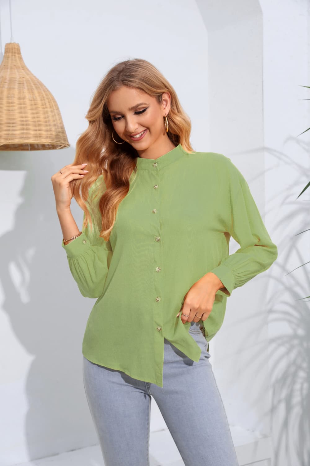 Mock Neck Buttoned Long Sleeve Shirt BLUE ZONE PLANET