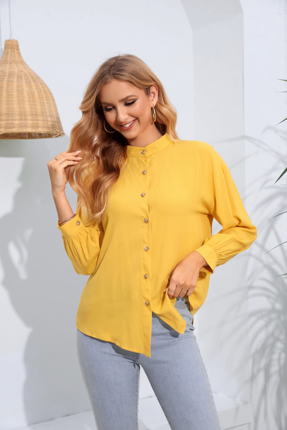 Mock Neck Buttoned Long Sleeve Shirt BLUE ZONE PLANET