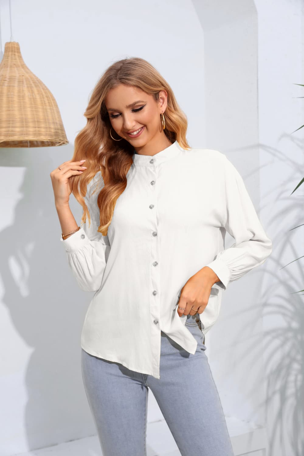 Mock Neck Buttoned Long Sleeve Shirt BLUE ZONE PLANET