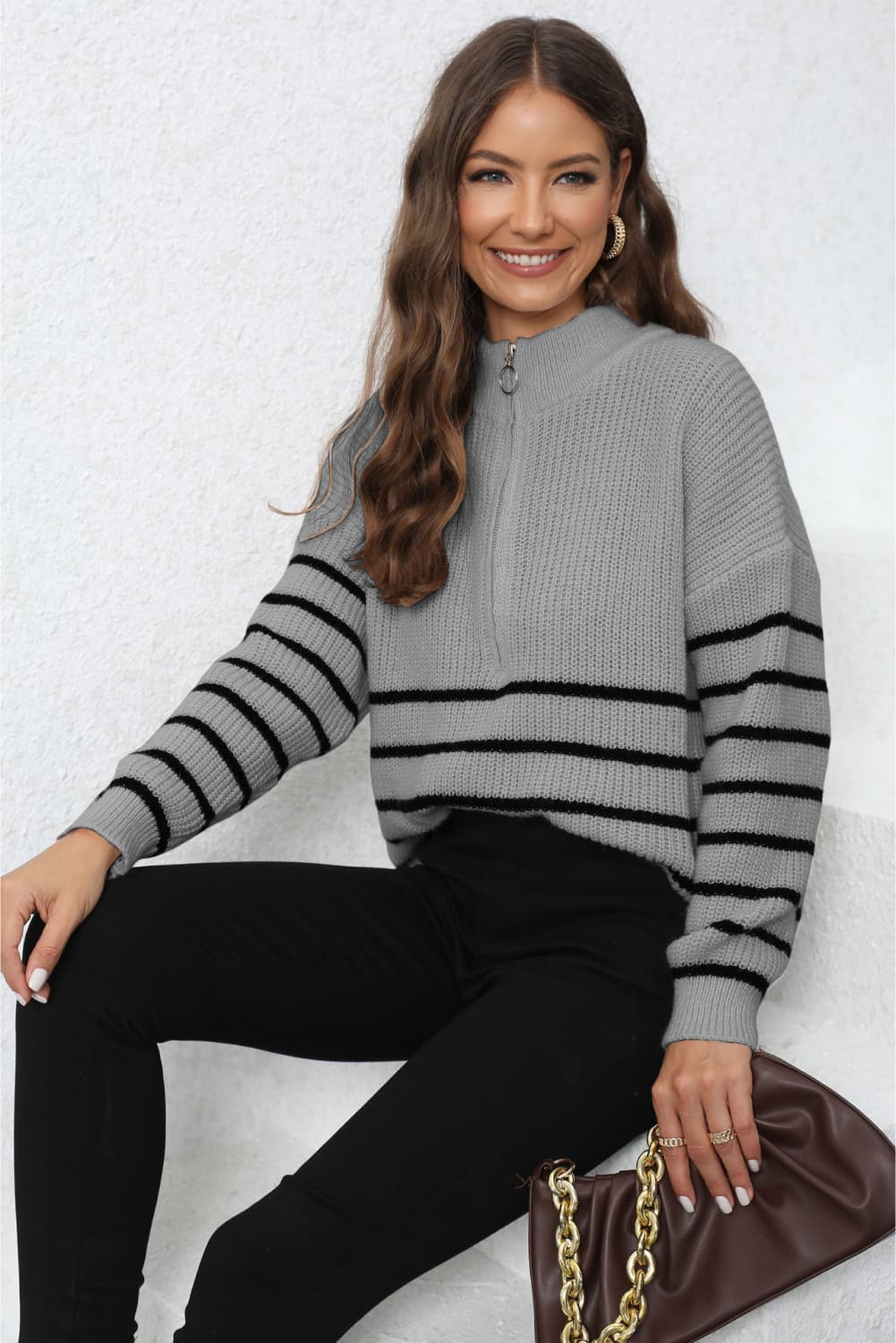 Mock Neck Long Sleeve Zip-Up Sweater BLUE ZONE PLANET