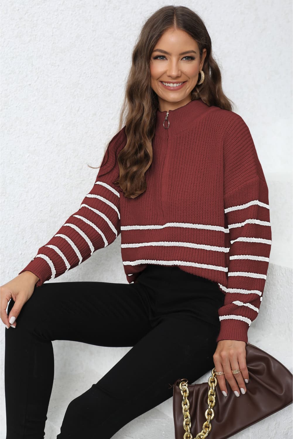 Mock Neck Long Sleeve Zip-Up Sweater BLUE ZONE PLANET
