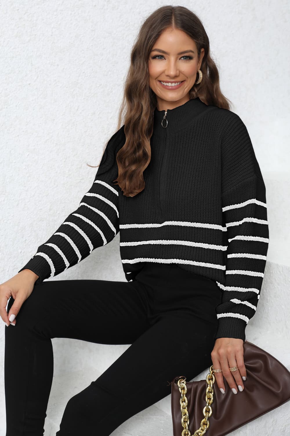 Mock Neck Long Sleeve Zip-Up Sweater BLUE ZONE PLANET