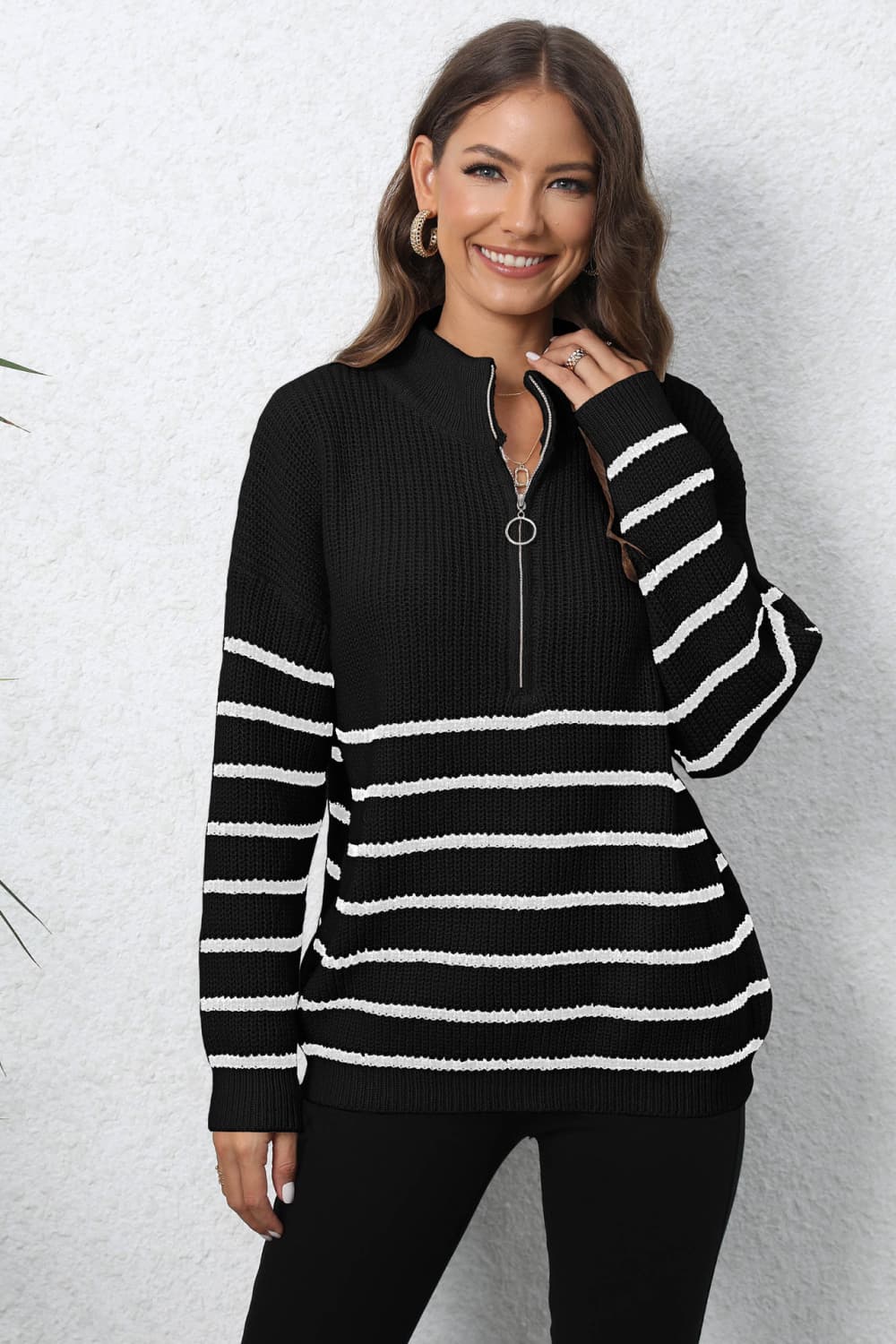 Mock Neck Long Sleeve Zip-Up Sweater BLUE ZONE PLANET