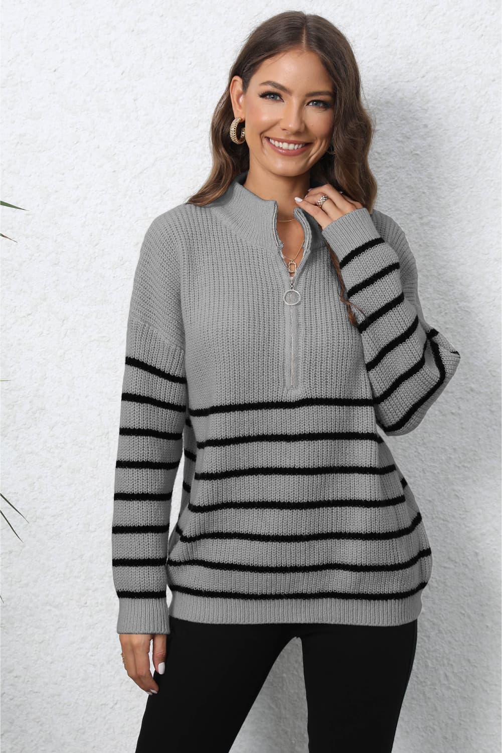 Mock Neck Long Sleeve Zip-Up Sweater BLUE ZONE PLANET