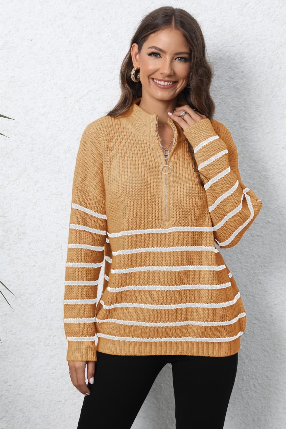 Mock Neck Long Sleeve Zip-Up Sweater BLUE ZONE PLANET