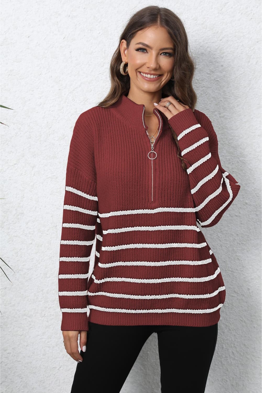 Mock Neck Long Sleeve Zip-Up Sweater BLUE ZONE PLANET
