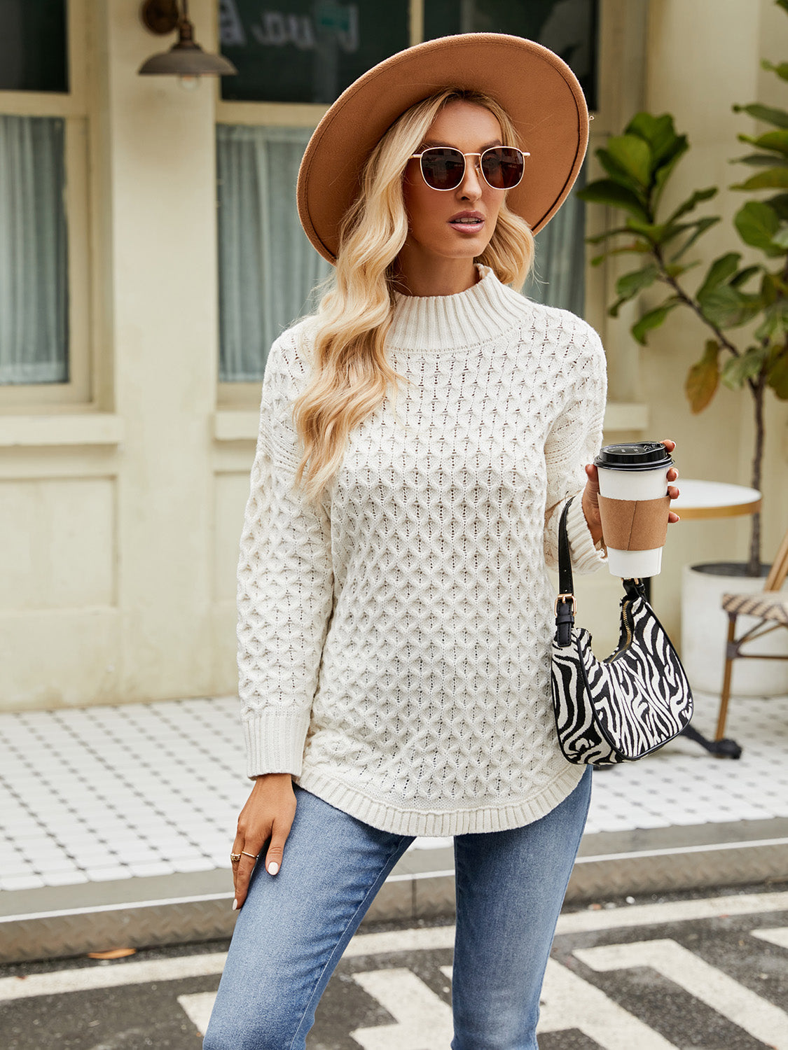 Mock Neck Slit Sweater BLUE ZONE PLANET