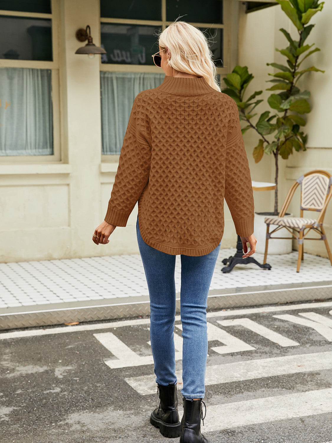 Mock Neck Slit Sweater BLUE ZONE PLANET