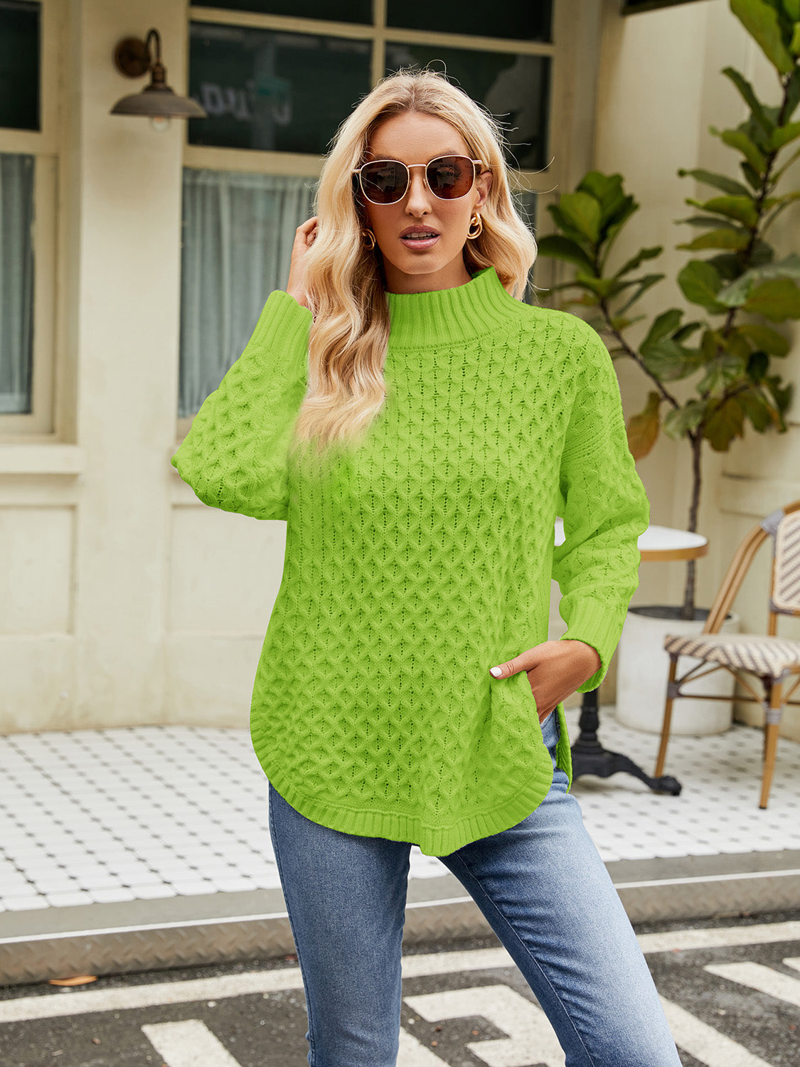 Mock Neck Slit Sweater BLUE ZONE PLANET