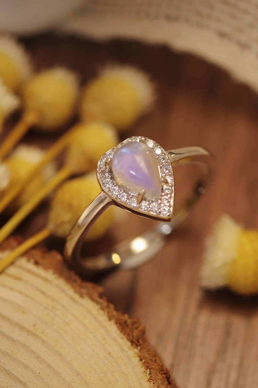 Moonstone Teardrop 925 Sterling Silver Halo Ring BLUE ZONE PLANET