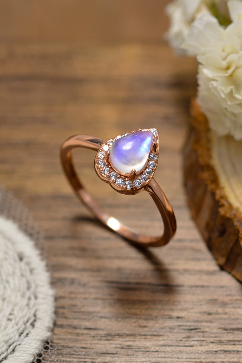 Moonstone Teardrop 925 Sterling Silver Halo Ring BLUE ZONE PLANET
