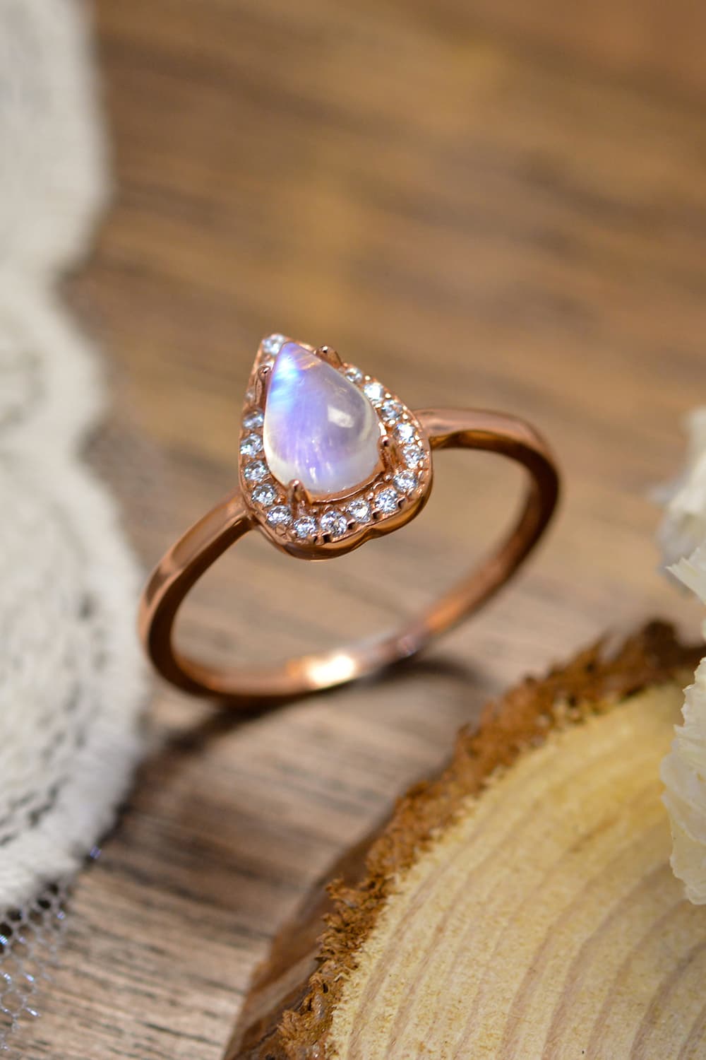 Moonstone Teardrop 925 Sterling Silver Halo Ring BLUE ZONE PLANET