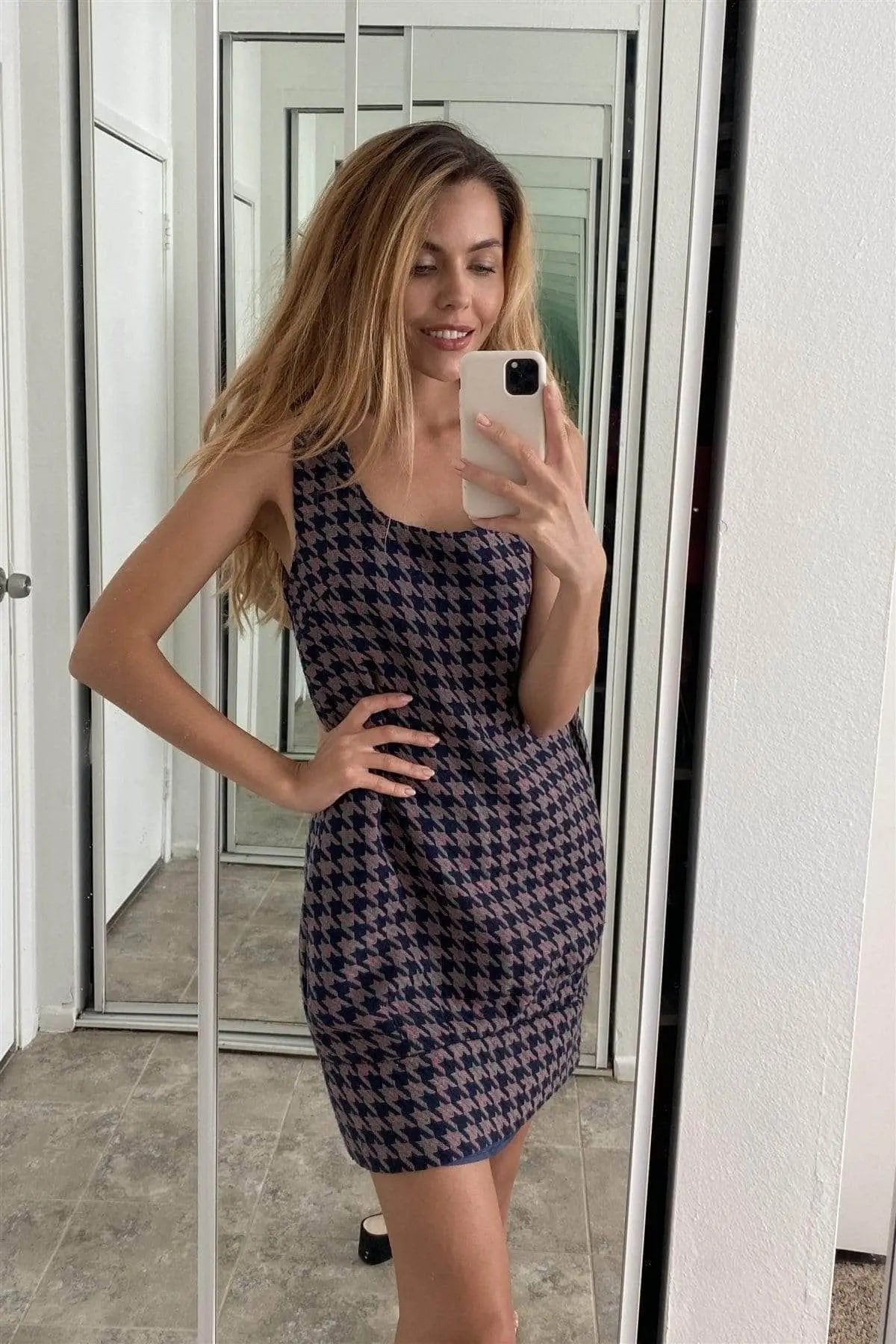 Multi Houndstooth Pattern Sleeveless Mini Dress Blue Zone Planet