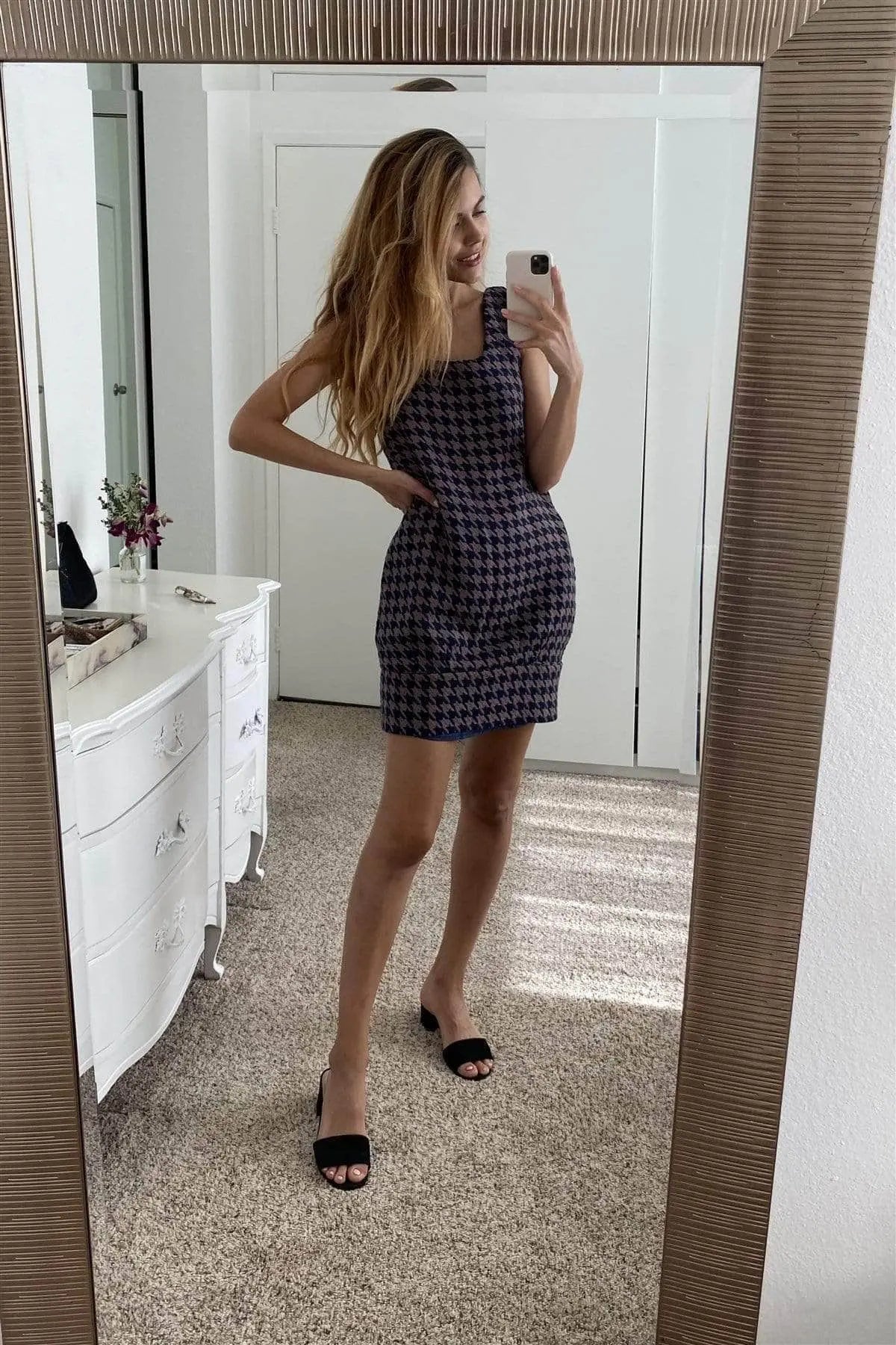 Multi Houndstooth Pattern Sleeveless Mini Dress Blue Zone Planet