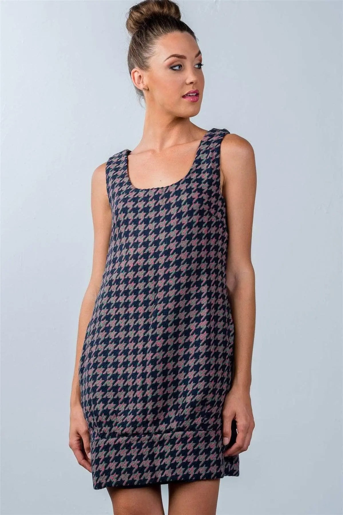 Multi Houndstooth Pattern Sleeveless Mini Dress Blue Zone Planet
