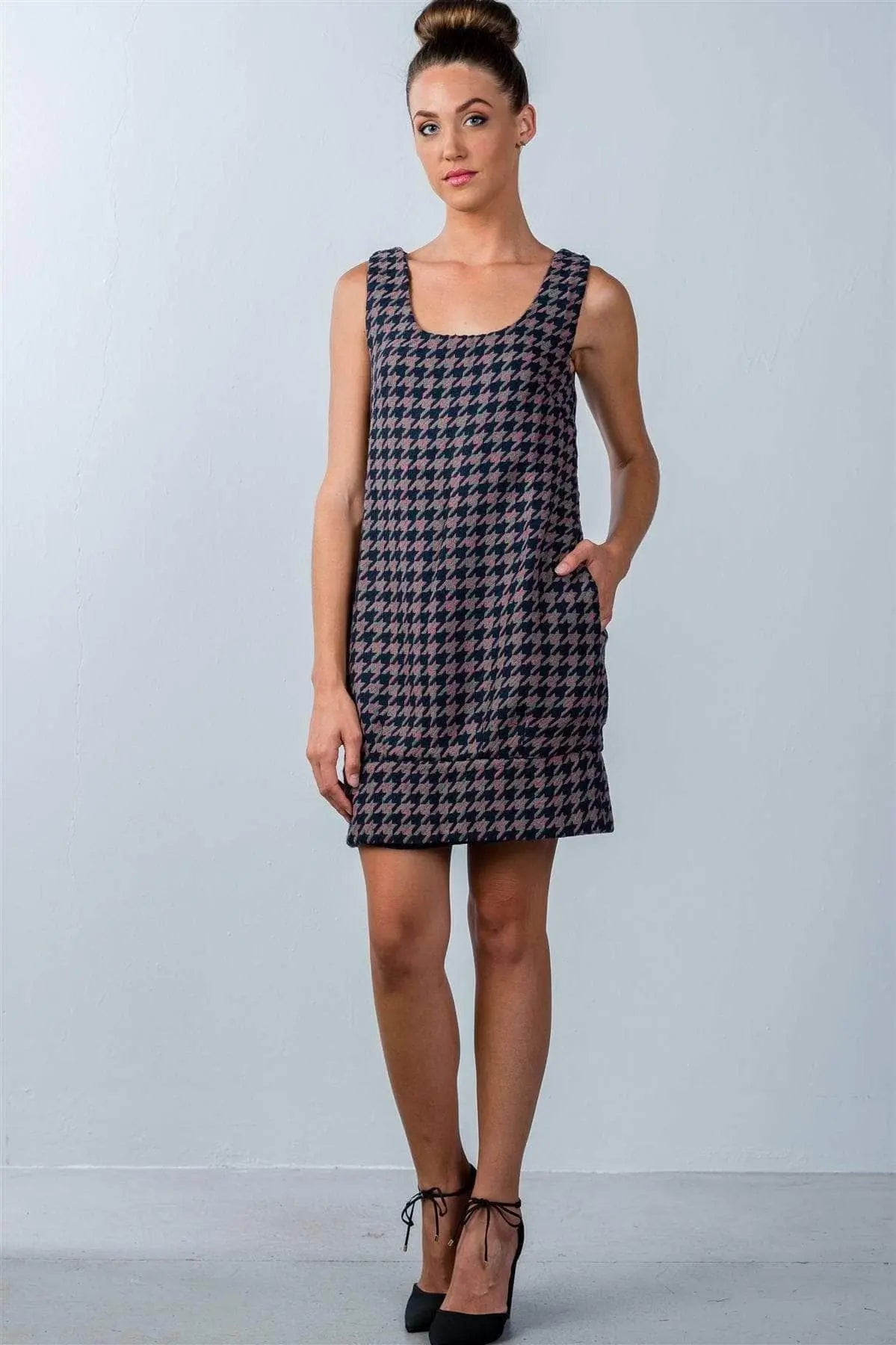 Multi Houndstooth Pattern Sleeveless Mini Dress Blue Zone Planet