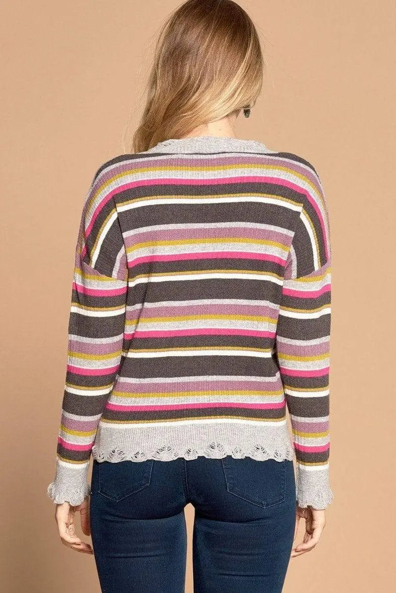 Multi-colored Variegated Striped Knit Sweater Blue Zone Planet