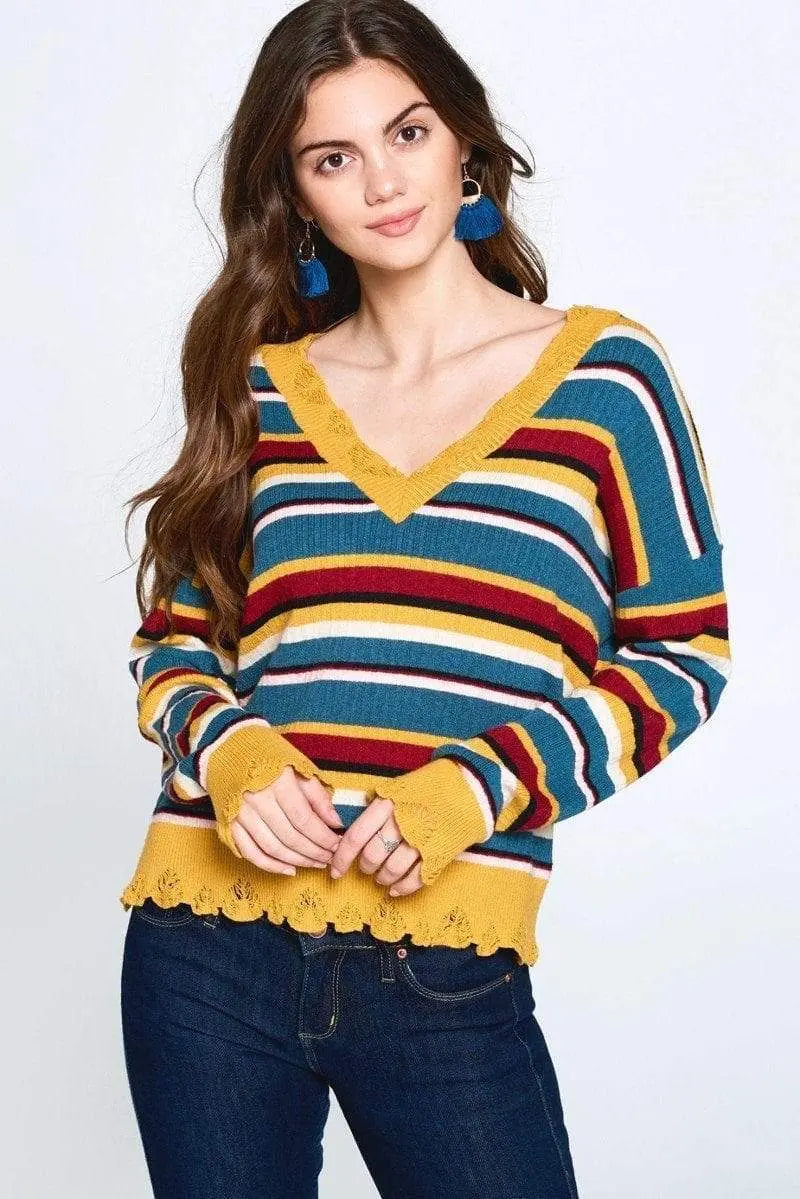 Multi-colored Variegated Striped Knit Sweater Blue Zone Planet