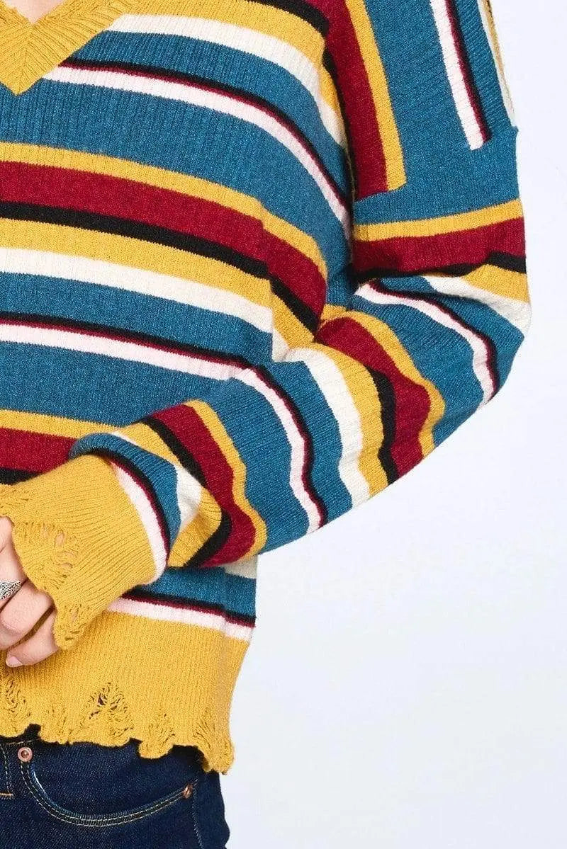 Multi-colored Variegated Striped Knit Sweater Blue Zone Planet