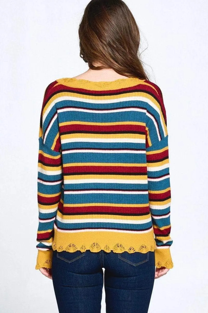 Multi-colored Variegated Striped Knit Sweater Blue Zone Planet