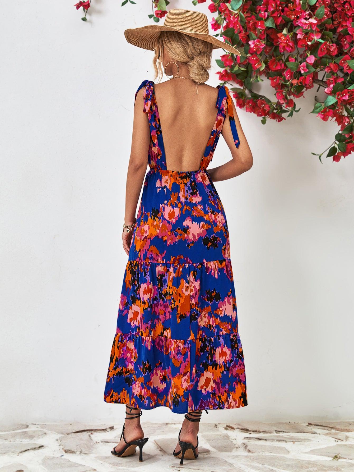 Multicolored V-Neck Backless Midi Dress BLUE ZONE PLANET