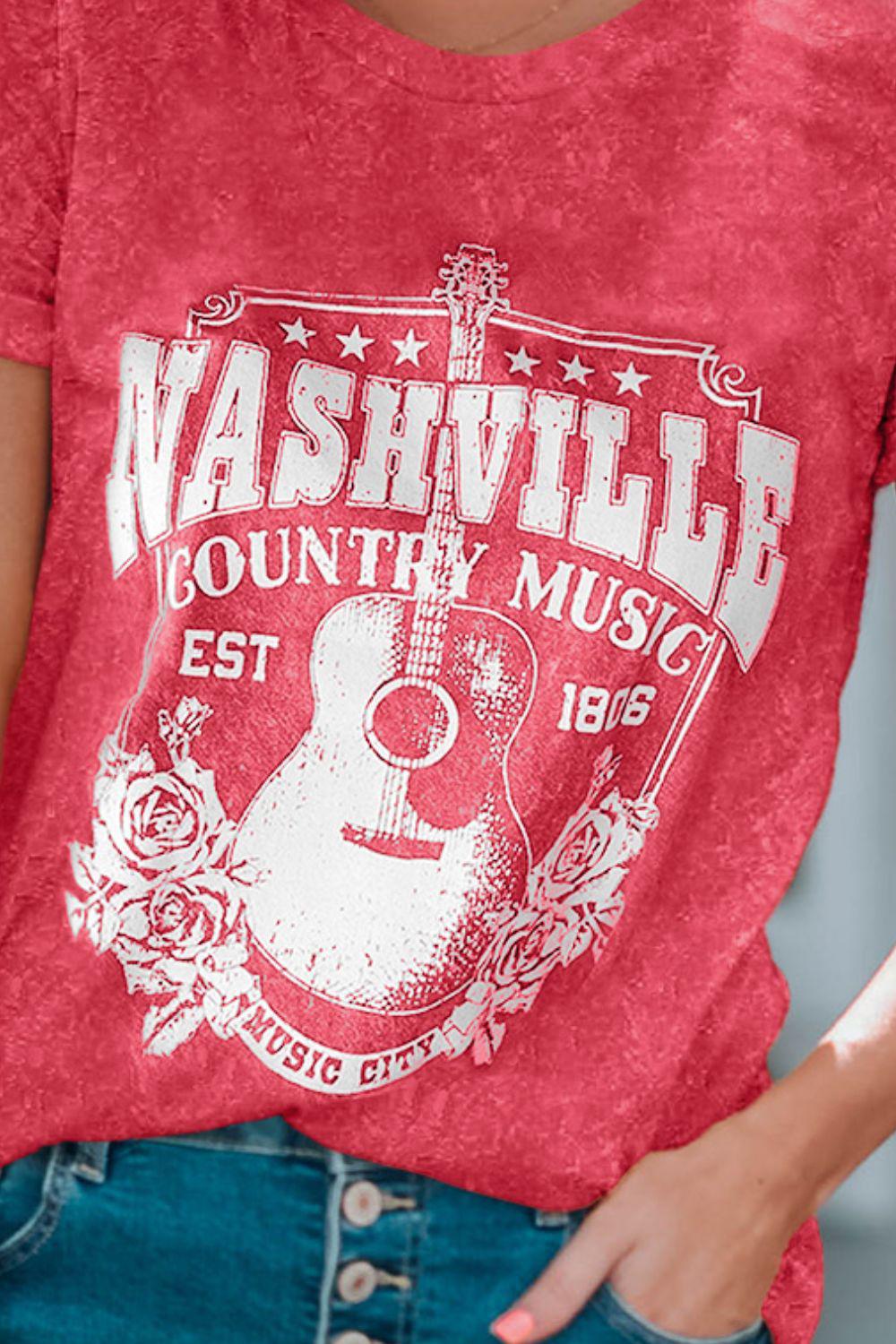 NASHVILLE COUNTRY MUSIC Graphic Round Neck Tee Shirt BLUE ZONE PLANET