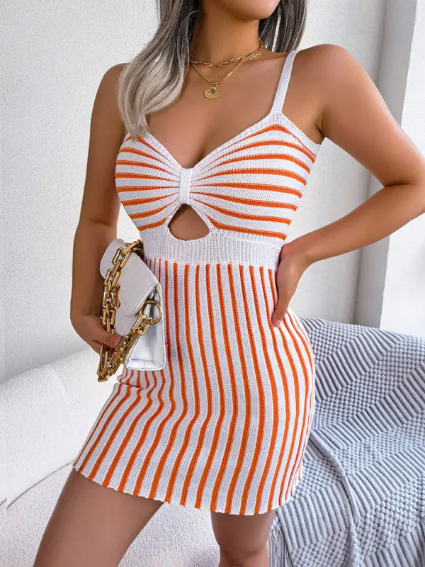 Nadia's Contrasting Color Cutout Striped High Waist Knit Sling Bodycon mini dress kakaclo