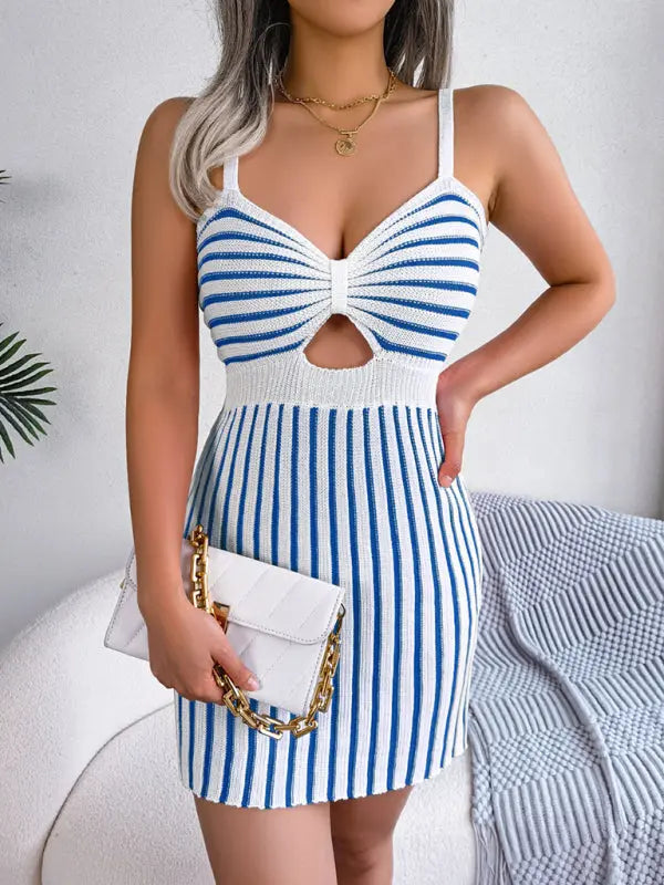 Nadia's Contrasting Color Cutout Striped High Waist Knit Sling Bodycon mini dress kakaclo