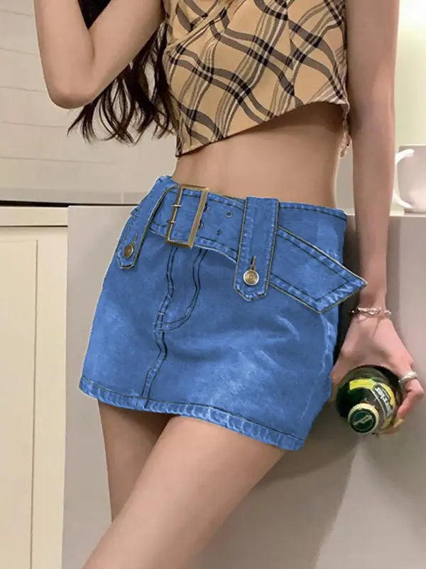 Nadia's Y2K washed denim high waist slim mini skirt kakaclo