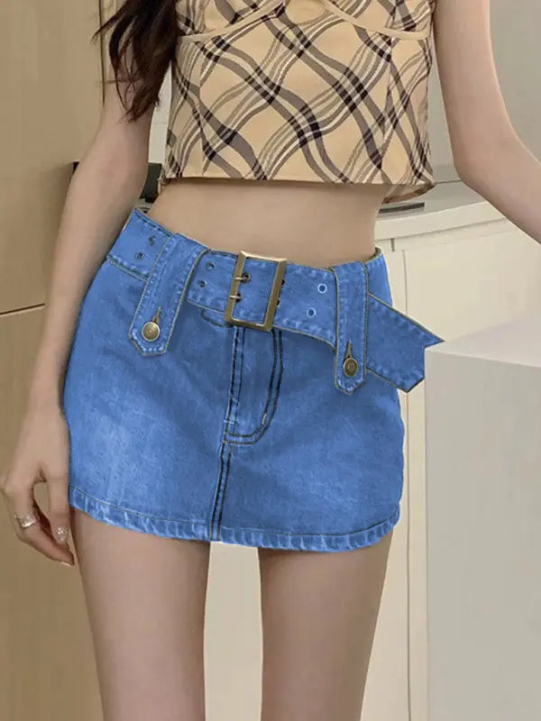 Nadia's Y2K washed denim high waist slim mini skirt kakaclo