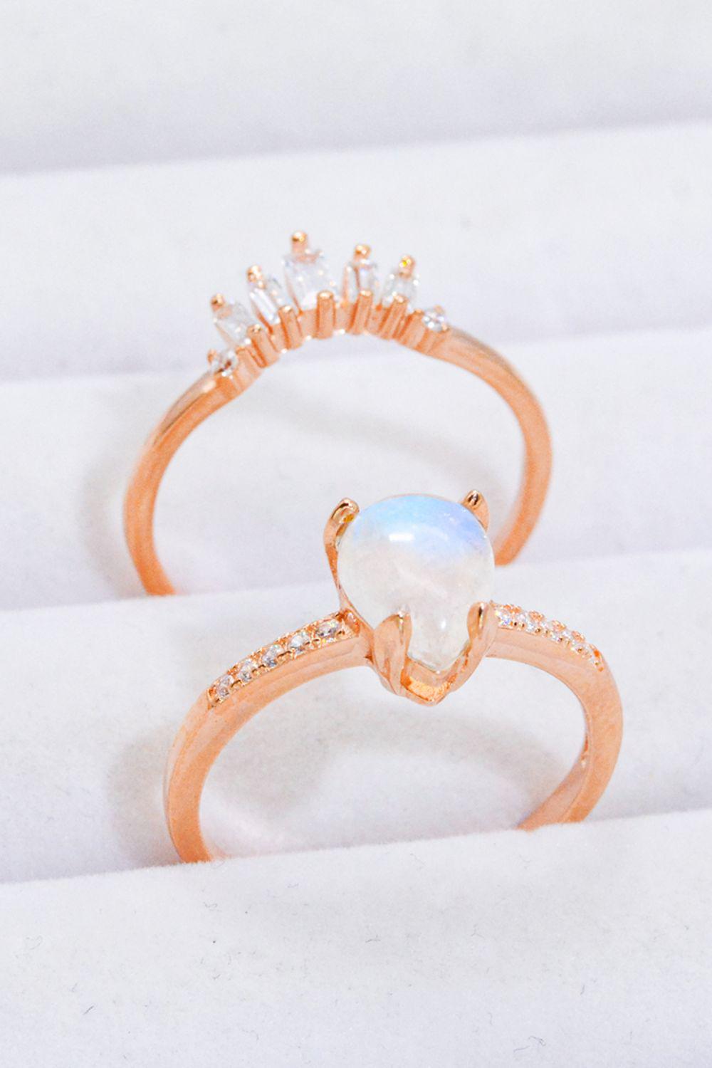 Natural Moonstone and Zircon 18K Rose Gold-Plated Two-Piece Ring Set BLUE ZONE PLANET