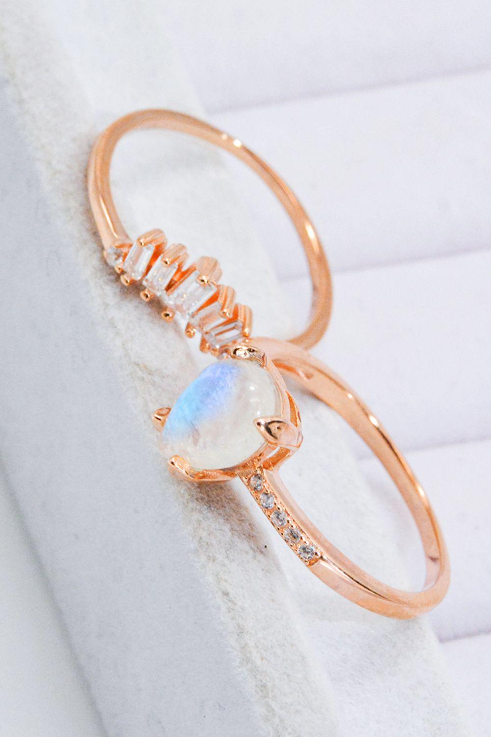 Natural Moonstone and Zircon 18K Rose Gold-Plated Two-Piece Ring Set BLUE ZONE PLANET