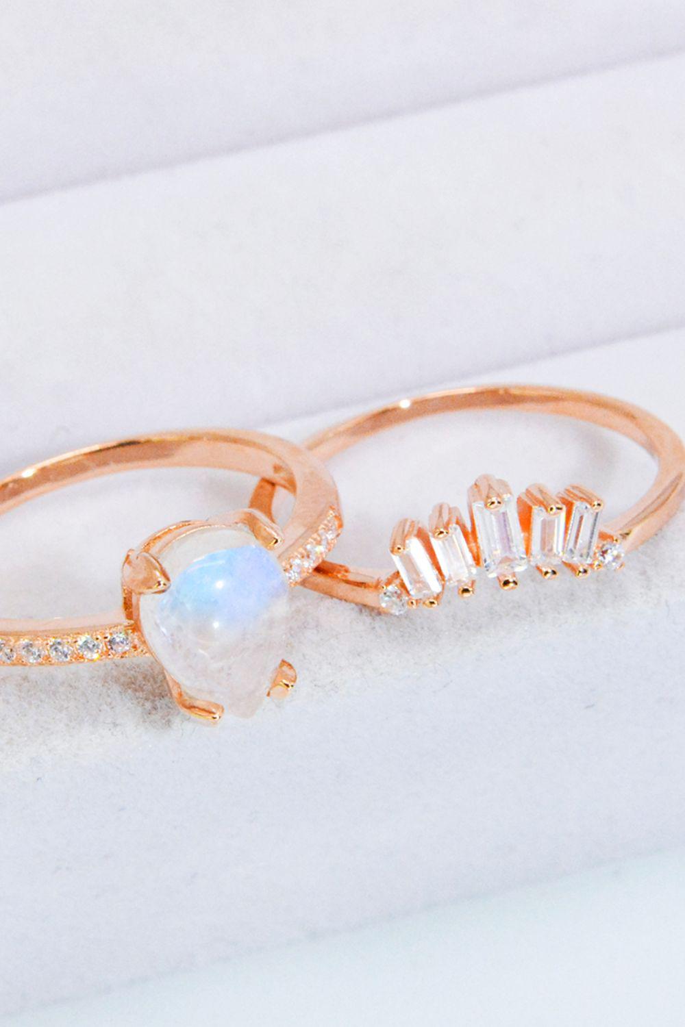 Natural Moonstone and Zircon 18K Rose Gold-Plated Two-Piece Ring Set BLUE ZONE PLANET