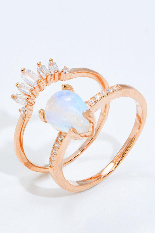 Natural Moonstone and Zircon 18K Rose Gold-Plated Two-Piece Ring Set BLUE ZONE PLANET