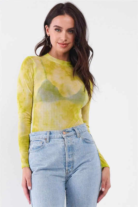 Neon Green Sexy Sheer Mesh Long Sleeve Mock Neck Bodysuit Blue Zone Planet