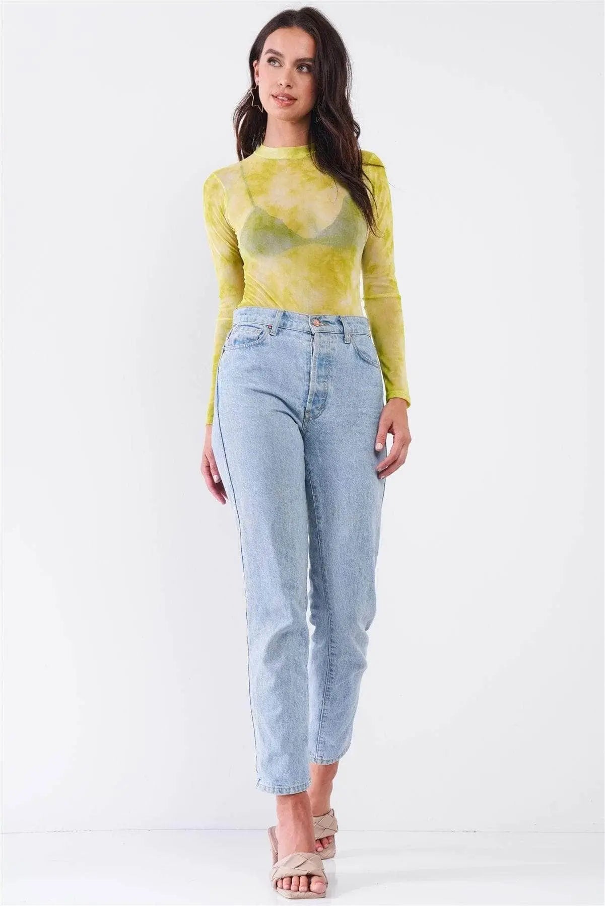 Neon Green Sexy Sheer Mesh Long Sleeve Mock Neck Bodysuit Blue Zone Planet