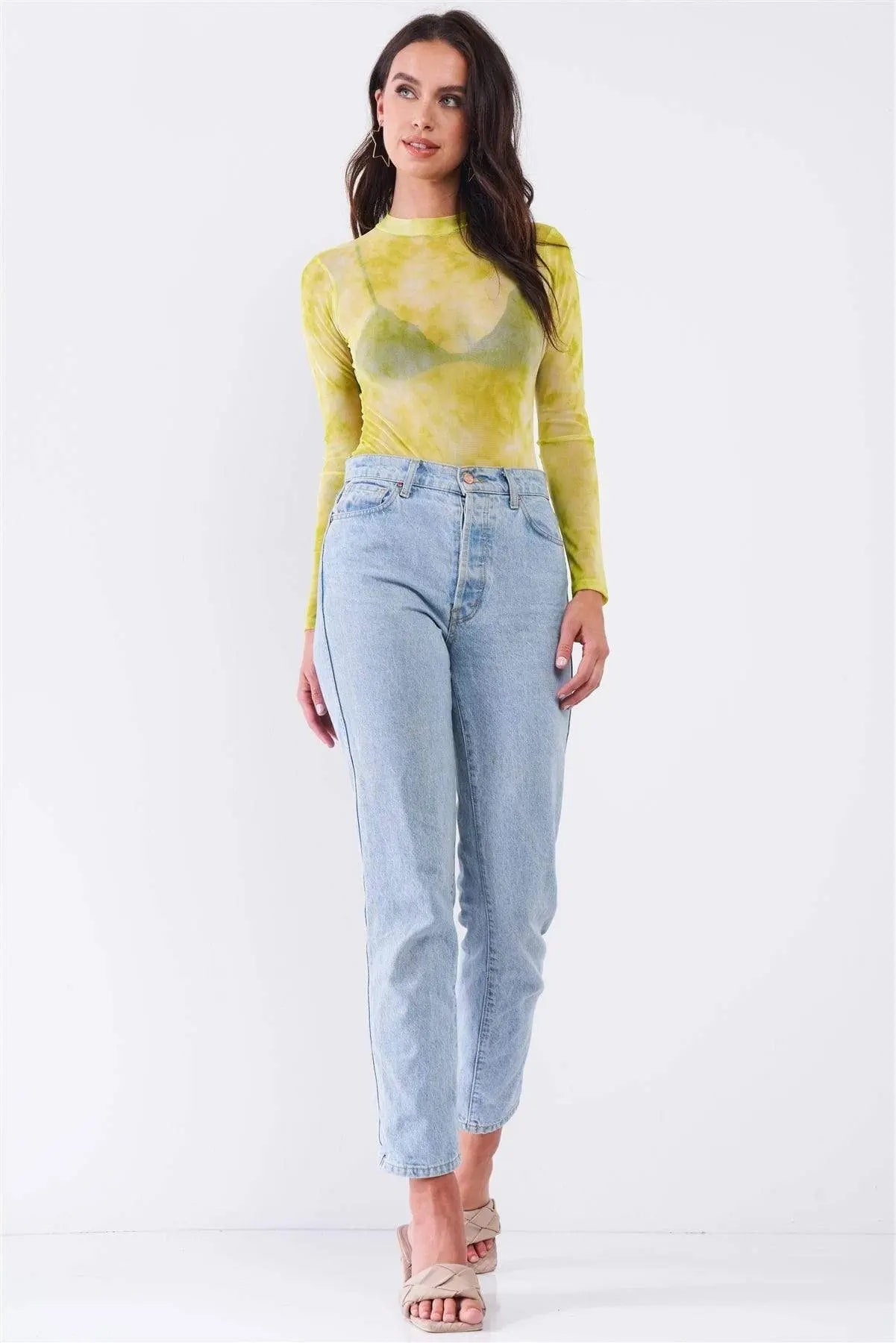 Neon Green Sexy Sheer Mesh Long Sleeve Mock Neck Bodysuit Blue Zone Planet