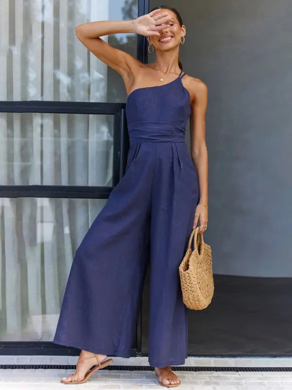 New casual, comfortable and refreshing sleeveless waistless backless loose wide-leg jumpsuit BLUE ZONE PLANET